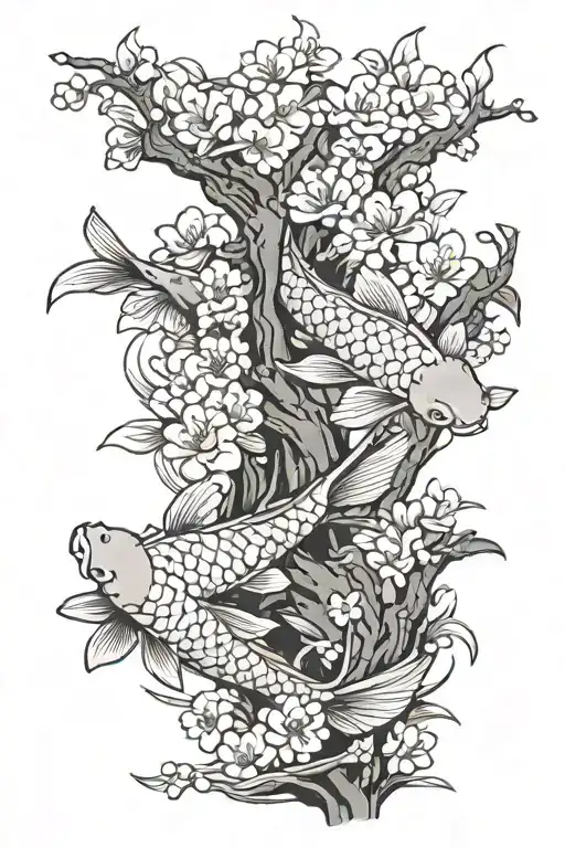 Japanesse Cheery Blossom Tree And Koi Fish