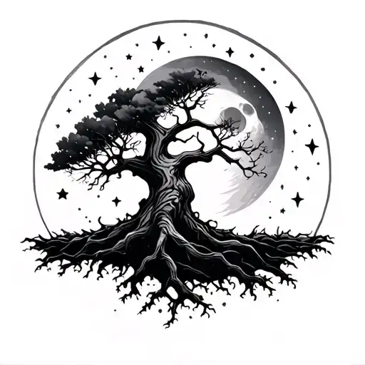 Dry Tree With Moon And Stars