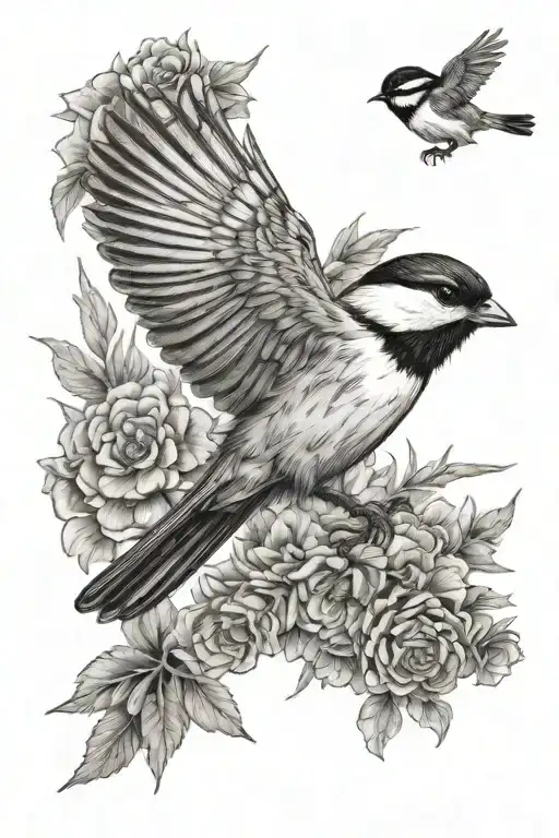 Chickadee Bird Flying With Tiger Walking Away