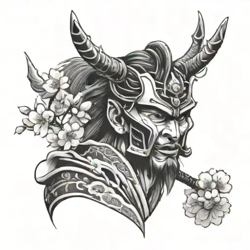 Samurai With Oni Mask No Horns With Cherry Blossom Tree And Waterfall No Color