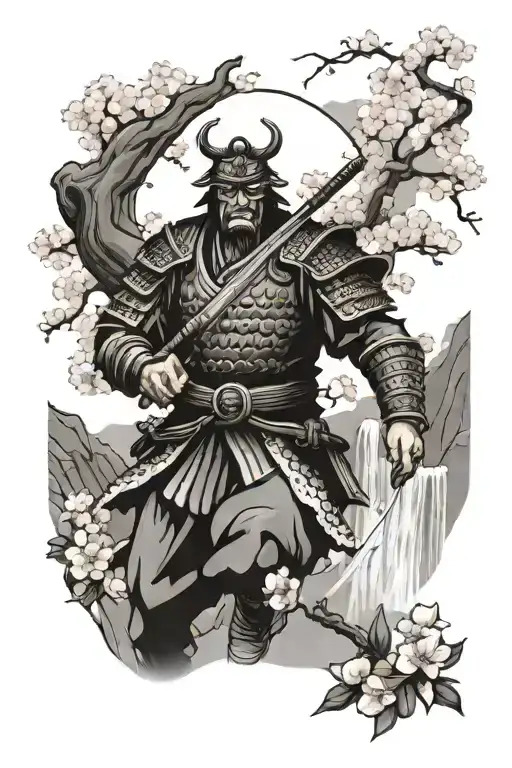 Samurai With Oni Mask No Horns With Cherry Blossom Tree And Waterfall No Color