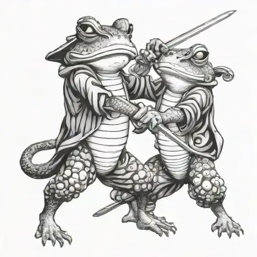 Two Frog Samurai In A Sword Fight Battle Scene