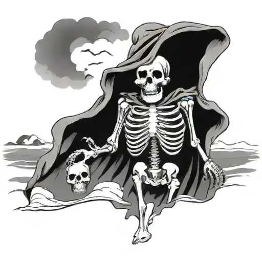 Skeleton In A Cloak Walking Along A Beach With Tornados In The Background