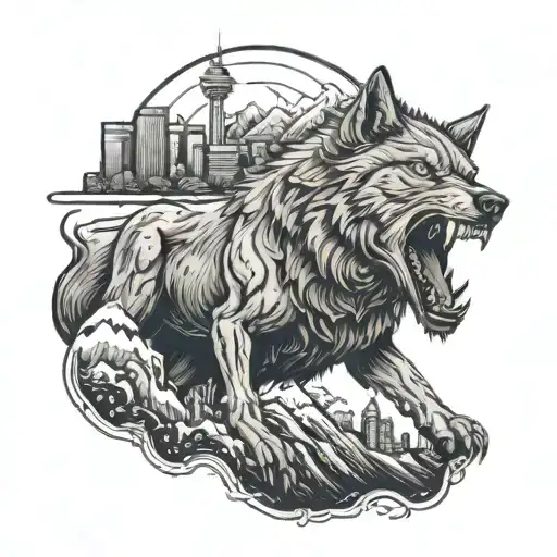 Angry Wolf With City Skyline And Mountain Scene