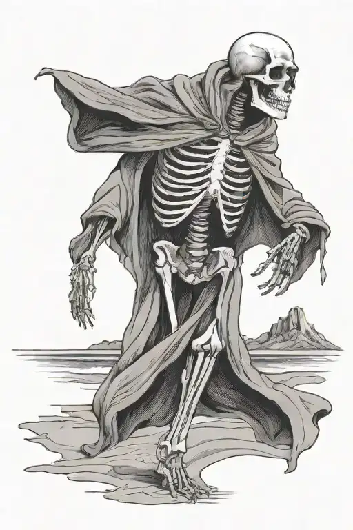 Skeleton In A Cloak Walking Along A Beach With Tornados In The Background