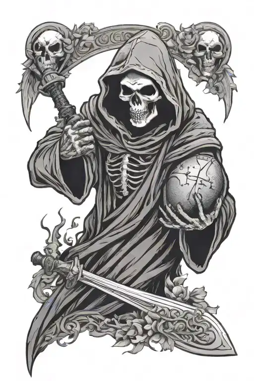 Hooded Grim Reaper Holding American Football With Artistic Dead Floral Borders