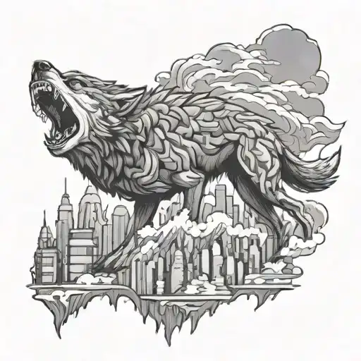 Angry Wolf With City Skyline And Mountain Back Ground