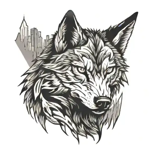 Angry Wolf Head With City Skyline And Mountain Back Ground