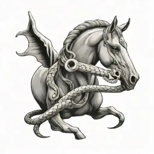 Horse With Goat Horn With Snake Wrapped Around The Horn
