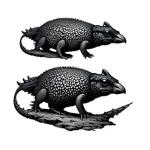 Two Axolotls Crow Ancient Megalithic Background