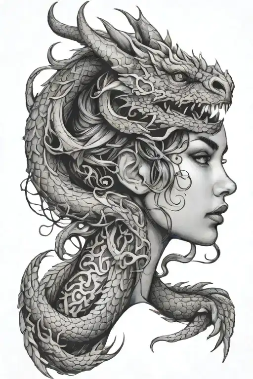 A Beautiful Female Face And A Cool Dragon Intertwined