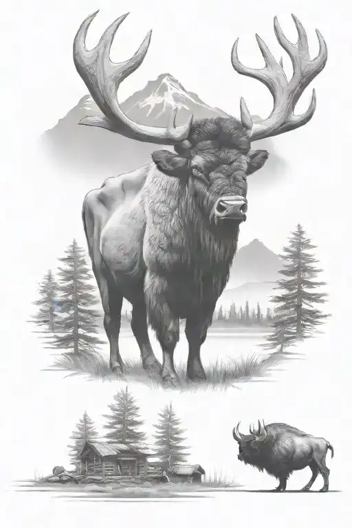 Bison Standing With Huts In The Background