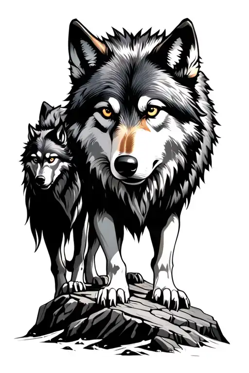 Wolf And Brother On A Rocks Surrounded