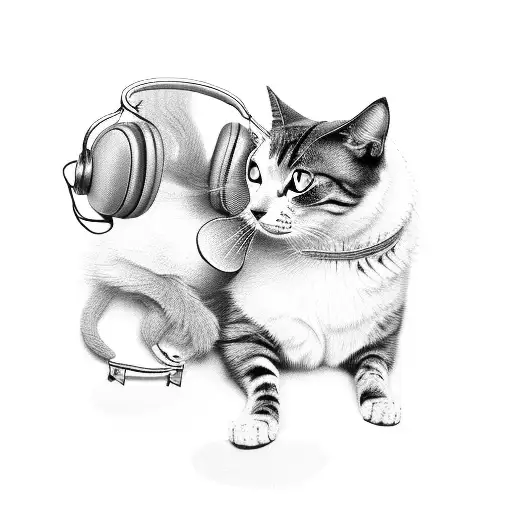 A Black-grey Tattoo Of A Dog And A Cat Sitting On A Music Sheet