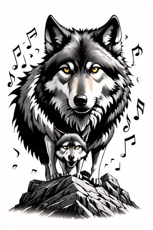 Wolf And Brother On A Mountain Rocks Surrounded My Music Notes