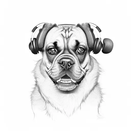 A Black And Grey Portrait Of A Dog Wearing Headphones