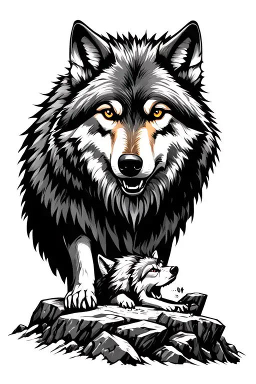 Wolf And Brother On A Mountainrocks Surrounded My Mountain