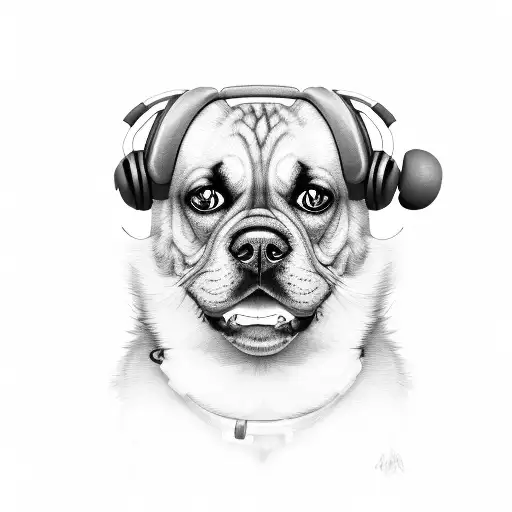 A Black And Grey Portrait Of A Dog Wearing Headphones