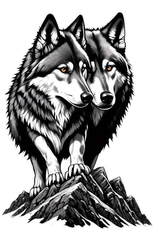 Two Wolf Brothers On A Mountainrocks Surrounded My Mountain