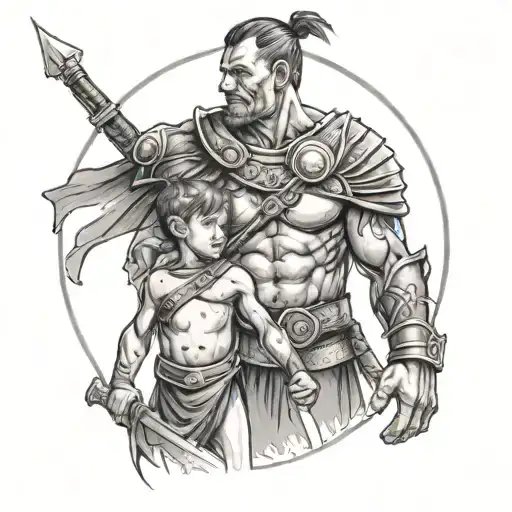 Warrior Dad With Child Standing