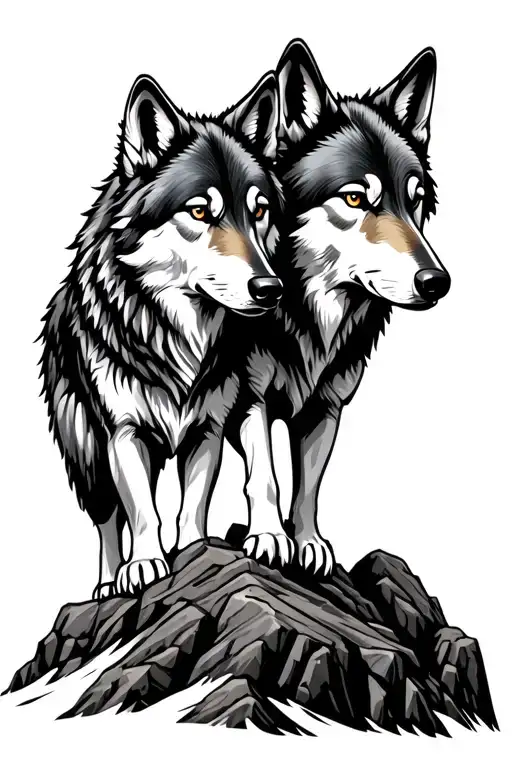 Two Wolf Brothers On A Mountainrocks Surrounded My Mountain Uno Encima De Otro