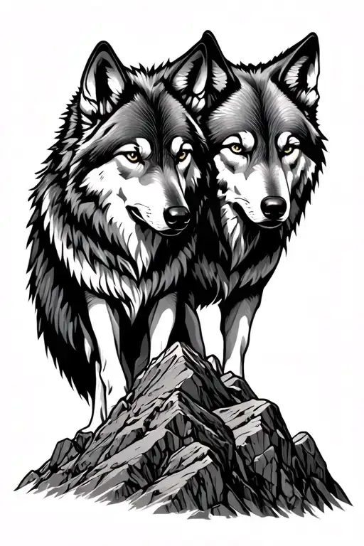 Two Wolf Brothers On A Mountainrocks Surrounded My Mountain Uno Encima De Otro