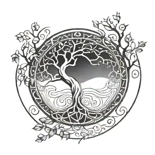Minimalist Norse Tree Of Life Tattoo With The Letter W In The Middle