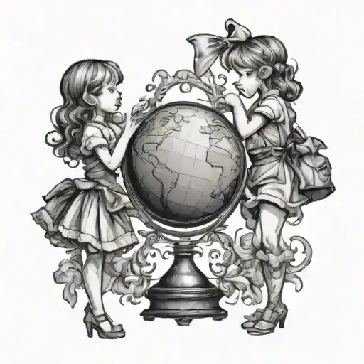 Two Girls In Proflie Standing And Holding A Globe In A Bow