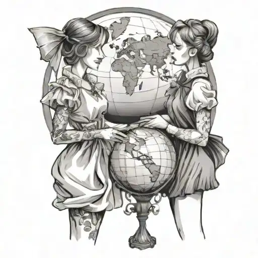 Two Girls In Proflie Standing And Holding A Globe That Is Hanging Down In A Bow