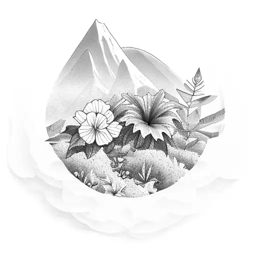 A Serene Tropical Mountain Landscape With Hibiscus Flowers Blooming In The Foreground