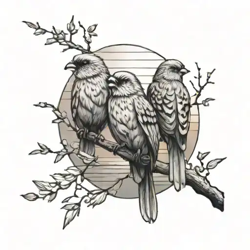 A Family Of Birds Perched On A Branch Overlooking A Beautiful Sunset