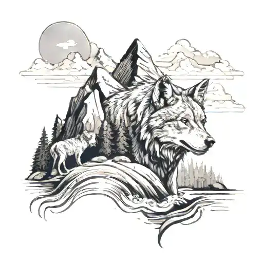 Mountains And A Wolf By A River Flowing