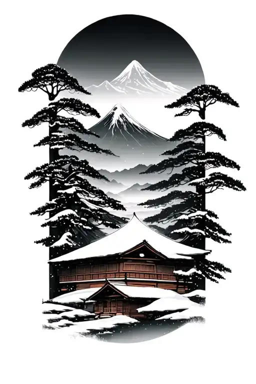 Japanese Background Mountains Trees Snow Buildings Grey And Black