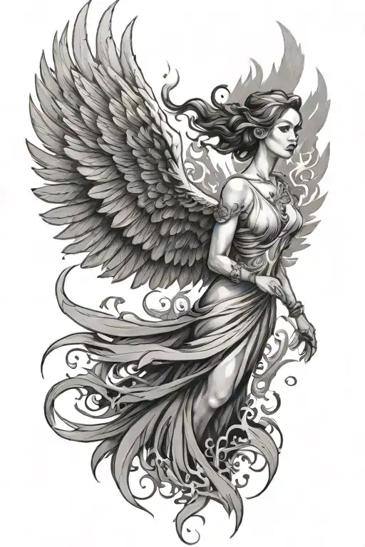 Girl And Phoenix Rising From The Ashes