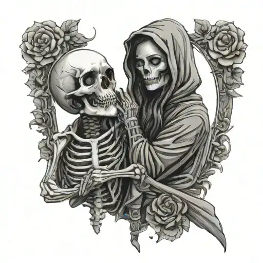 Dark Romance Hooded Skeleton With Woman Holding