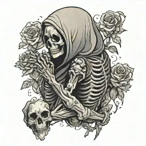 Dark Romance Hooded Skeleton With Woman Holding Each Other