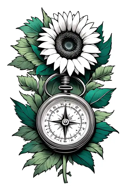 Pocket Compass And Sunflower And Jade Green Ribbon