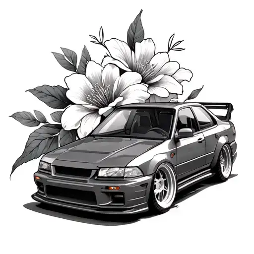 Jdm Car With Jap Flowers