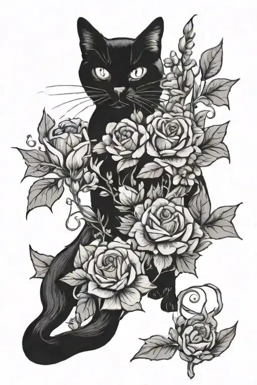Black Cat And Flowers