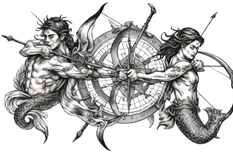 Two Sagittarius Archers On Either Side With Pisces Fish In The Middle