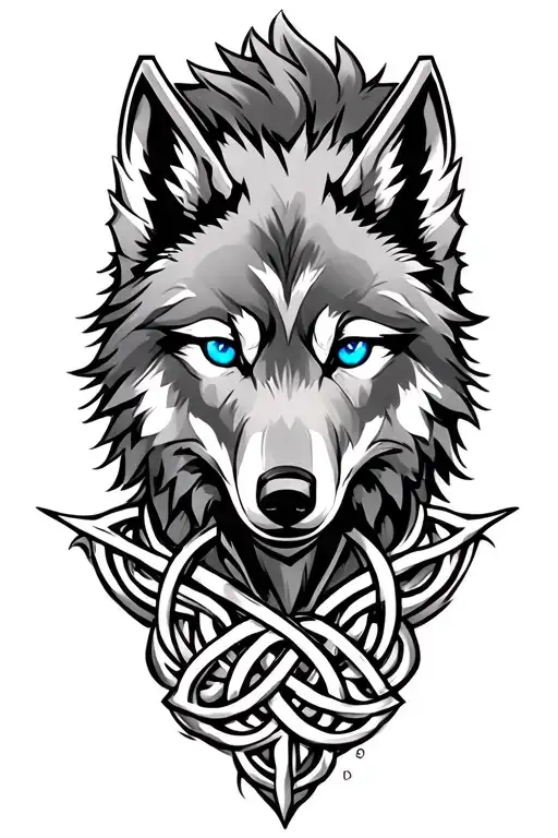 Wolf With Blue Eyes On Armor Tattoo Design Featuring Celtic Trinity Knot