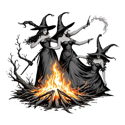 Three Witches Dancing Around A Fire