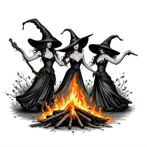 Three Witches Dancing Around A Fire