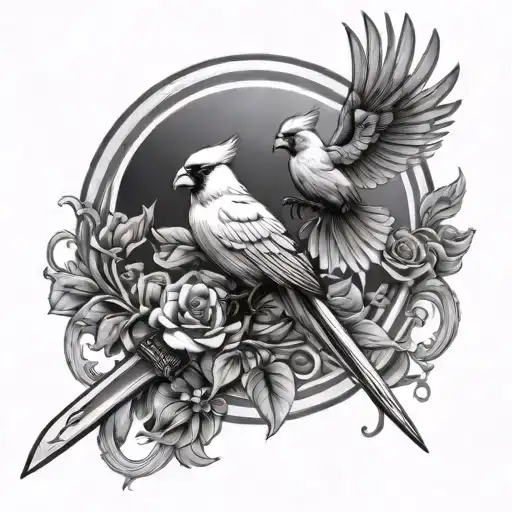Cardinal And Dove On Opposite Sides Of A Sword Flying Towards It