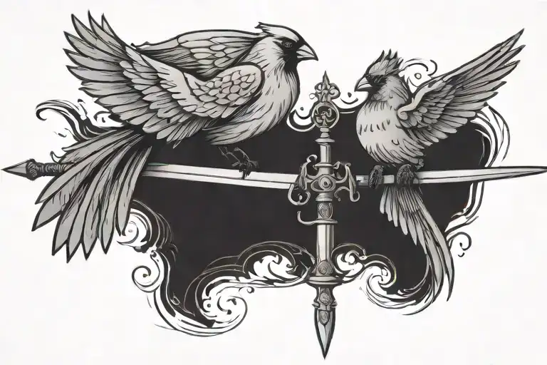 Simple Cardinal And Dove On Opposite Sides Of A Sword Flying Towards It