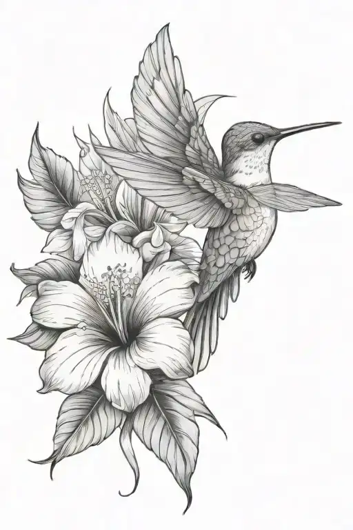 Hummingbird With Hibiscus And Tropical Leaves