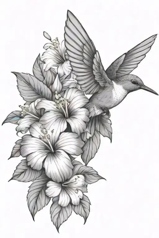 Hummingbird With Hibiscus And Tropical Leaves