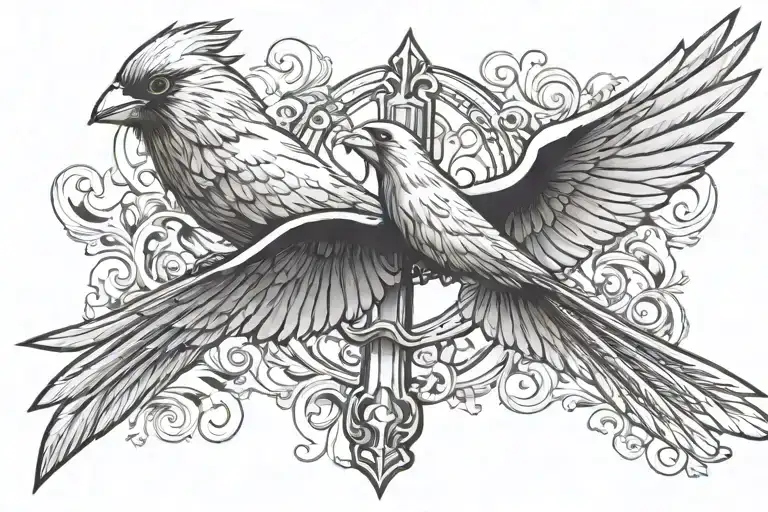 Cardinal And Dove Flying Towards A Cross Shaped Sword