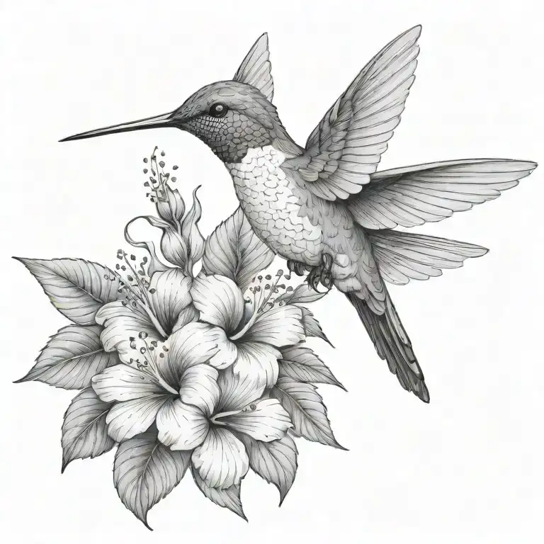 Hummingbird With Hibiscus And Tropical Leaves