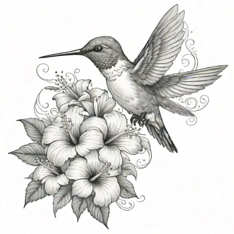 Hummingbird With Hibiscus And Tropical Leaves